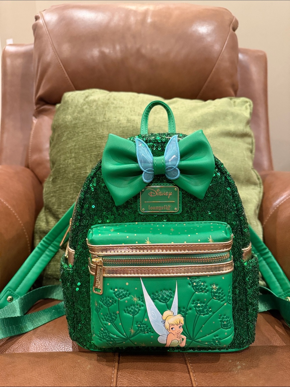 Loungefly Green Sequin Tinker Bell Mini Backpack and Peter Pan Wallet - Picture 3 of 17